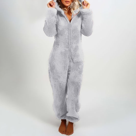 Tuta in pile | Maniche lunghe | Con cappuccio | Tuta in pile | Abbigliamento da casa da donna-Grigio-S-Modasso