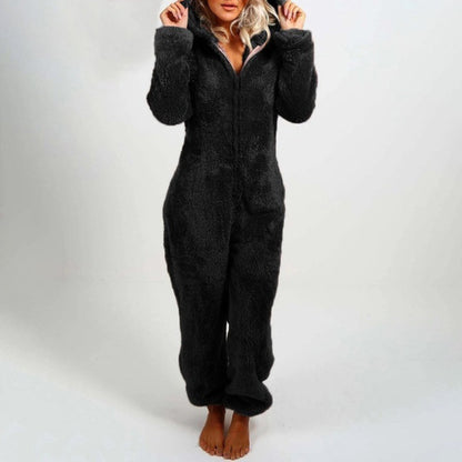 Tuta in pile | Maniche lunghe | Con cappuccio | Tuta in pile | Abbigliamento da casa da donna-Nero-S-Modasso