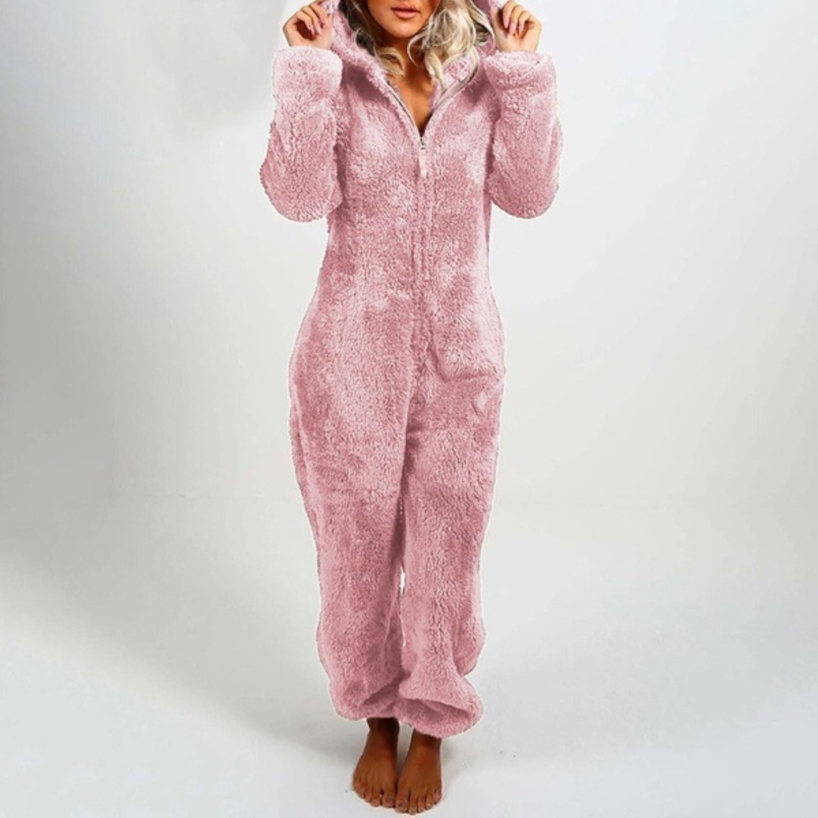 Tuta in pile | Maniche lunghe | Con cappuccio | Tuta in pile | Abbigliamento da casa da donna-Rosa-S-Modasso