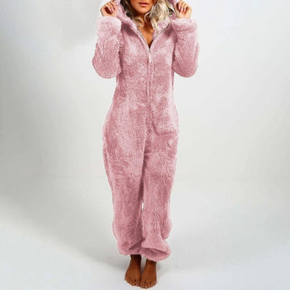 Tuta in pile | Maniche lunghe | Con cappuccio | Tuta in pile | Abbigliamento da casa da donna-Rosa-S-Modasso