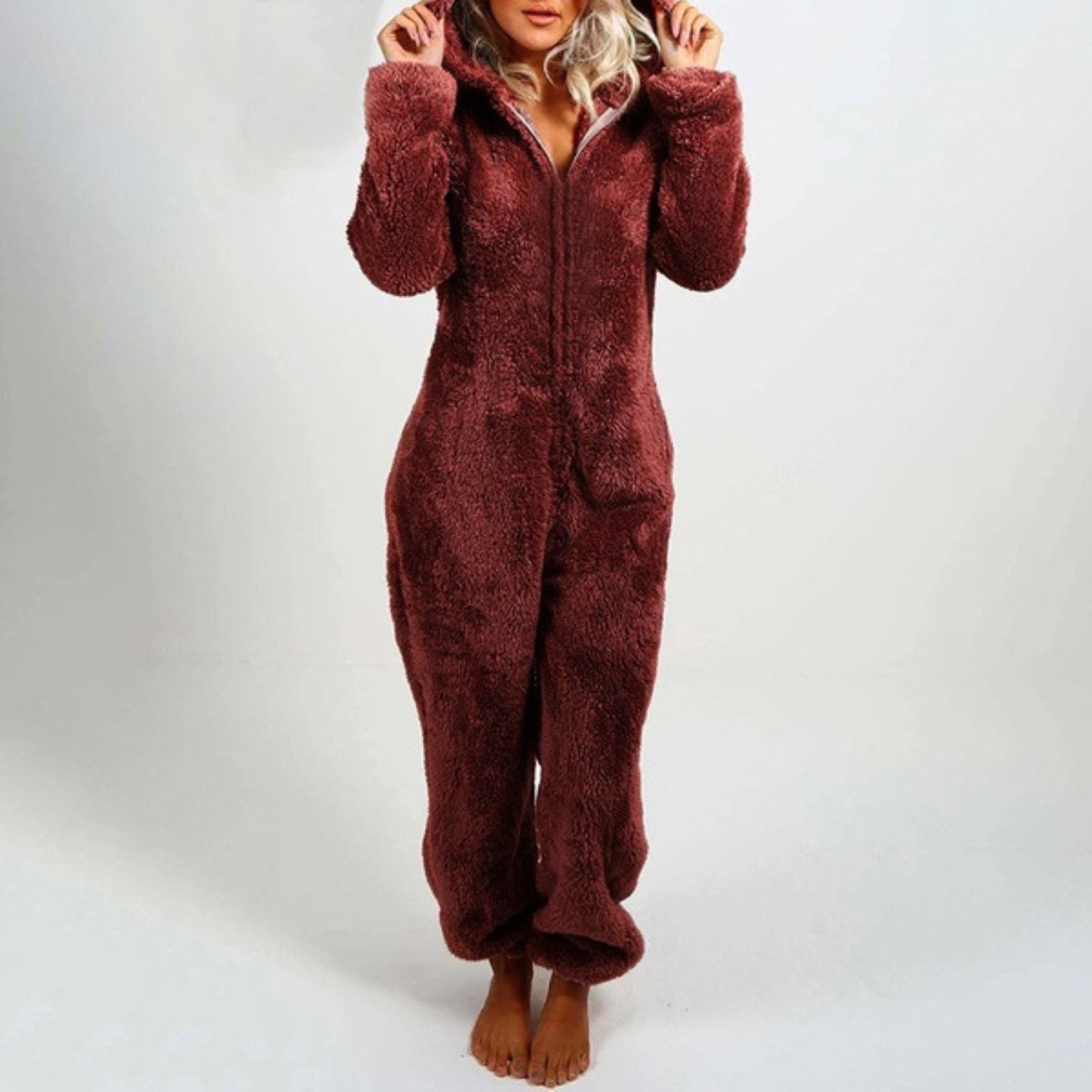 Tuta in pile | Maniche lunghe | Con cappuccio | Tuta in pile | Abbigliamento da casa da donna-Vino Rosso-S-Modasso