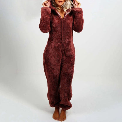 Tuta in pile | Maniche lunghe | Con cappuccio | Tuta in pile | Abbigliamento da casa da donna-Vino Rosso-S-Modasso