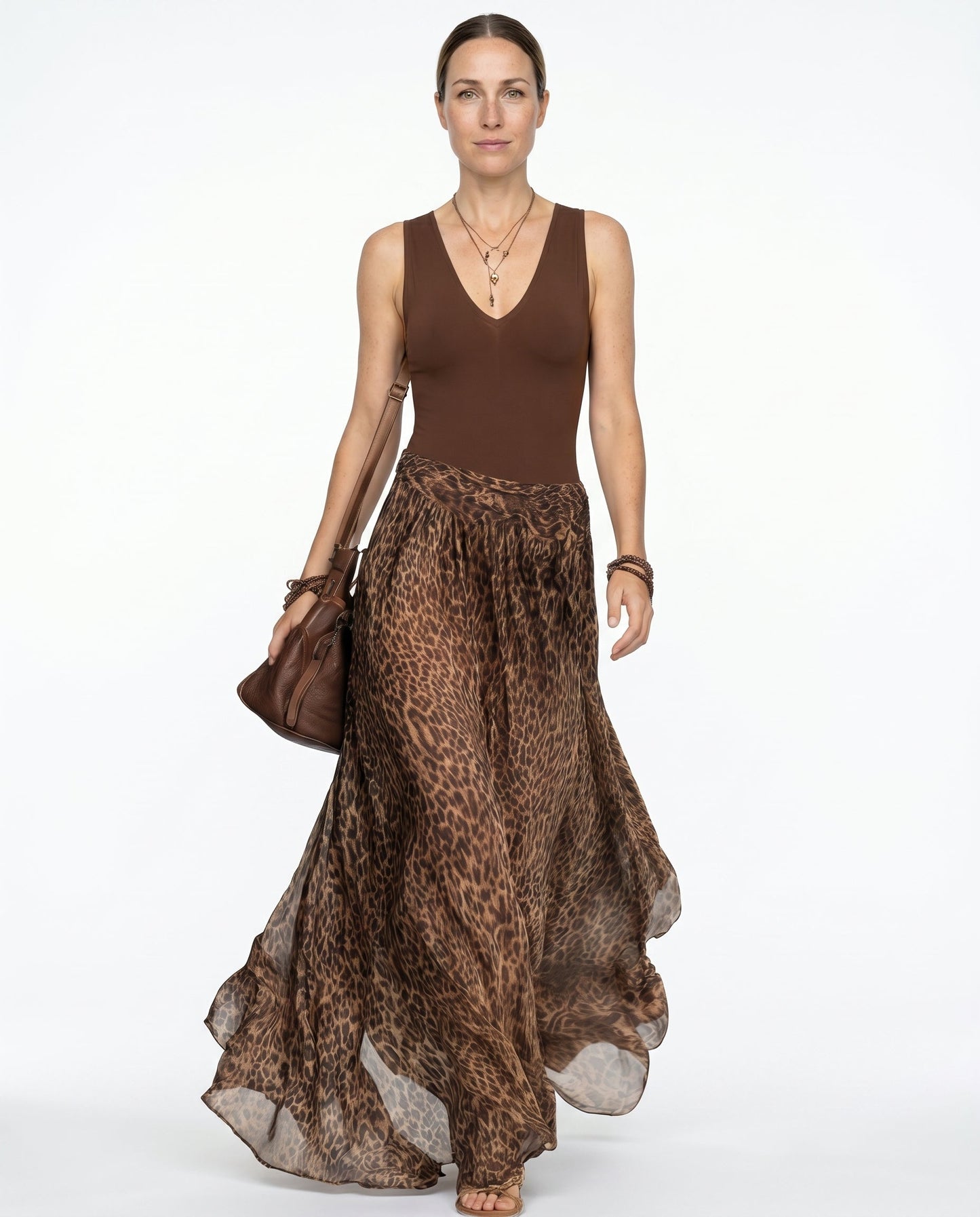 Vestito Leopardato Lungo - Abito Estivo Smanicato Scollo a V-Modaso