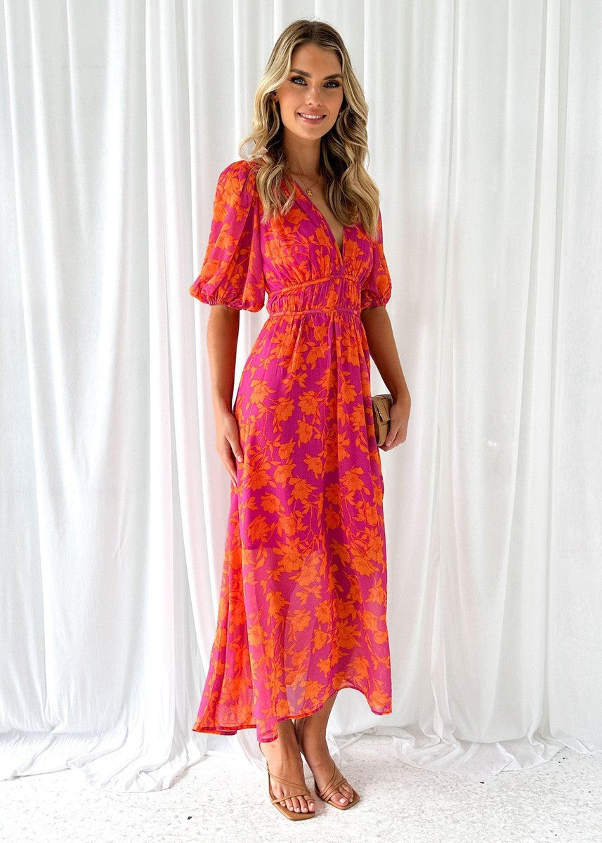 Vestito Midi Floreale, Maniche a Sbuffo, Scollo a V, in Chiffon-Modaso