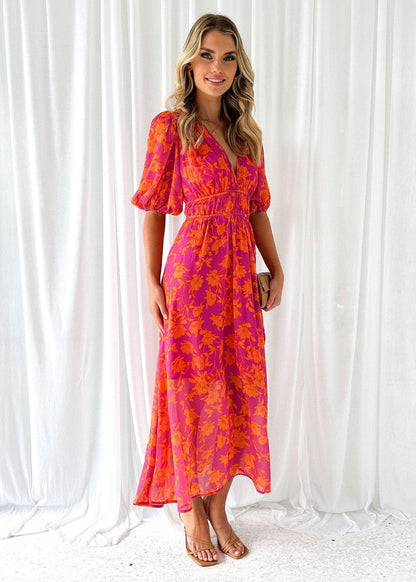 Vestito Midi Floreale, Maniche a Sbuffo, Scollo a V, in Chiffon-Modaso
