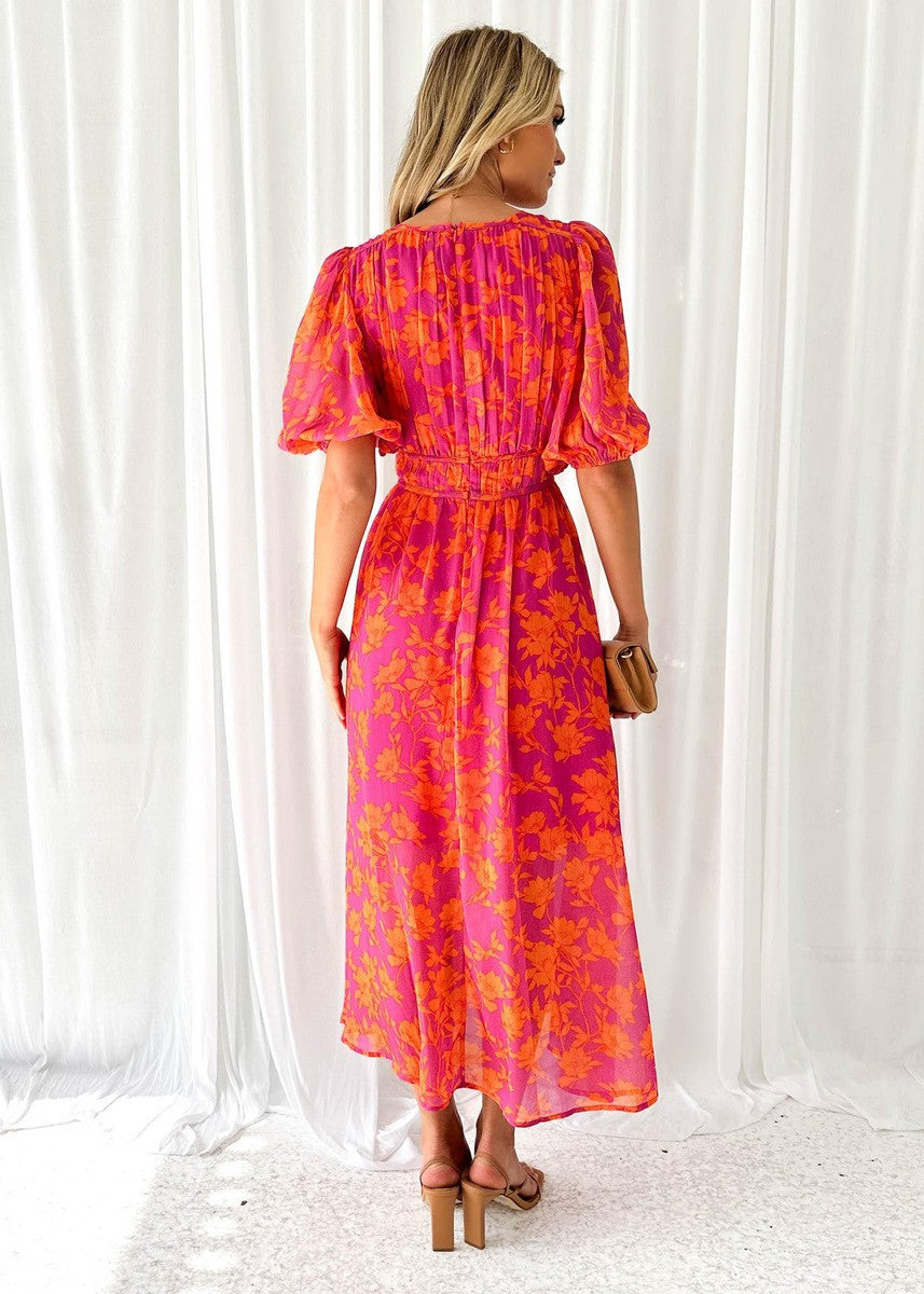 Vestito Midi Floreale, Maniche a Sbuffo, Scollo a V, in Chiffon-Modaso