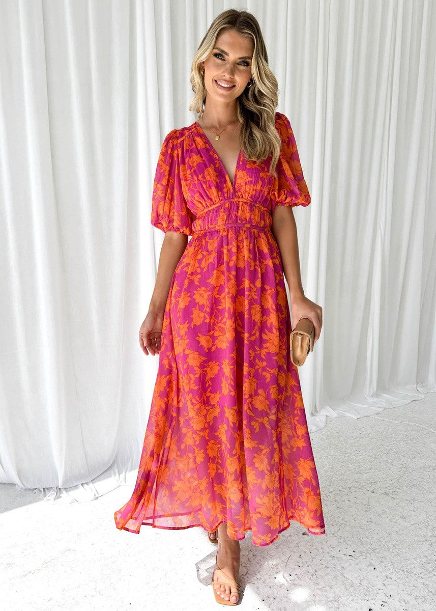 Vestito Midi Floreale, Maniche a Sbuffo, Scollo a V, in Chiffon-Modaso