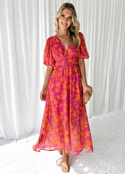 Vestito Midi Floreale, Maniche a Sbuffo, Scollo a V, in Chiffon-Modaso