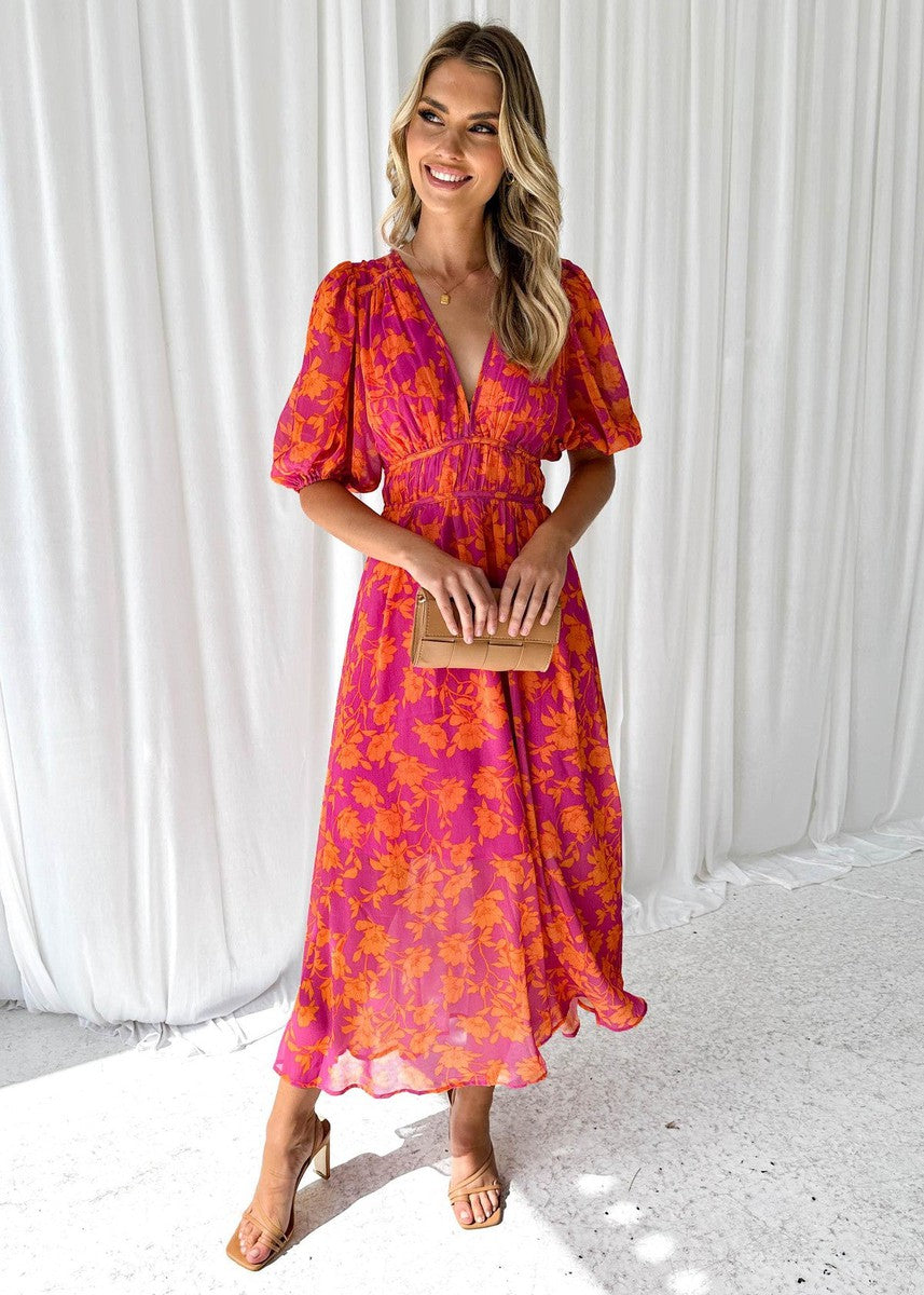 Vestito Midi Floreale, Maniche a Sbuffo, Scollo a V, in Chiffon-Modaso