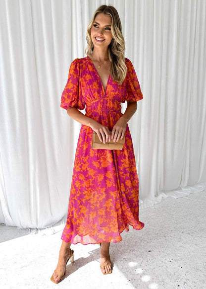 Vestito Midi Floreale, Maniche a Sbuffo, Scollo a V, in Chiffon-Modaso