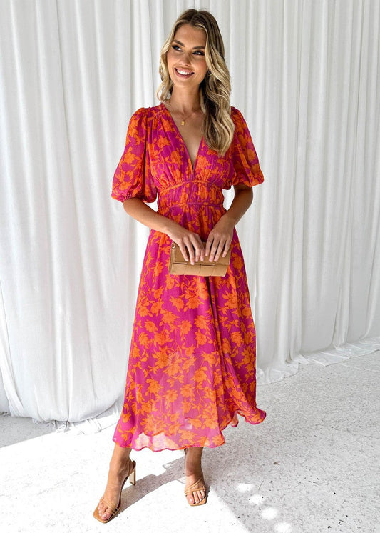 Vestito Midi Floreale, Maniche a Sbuffo, Scollo a V, in Chiffon-Rosa e Arancione-S-Modaso