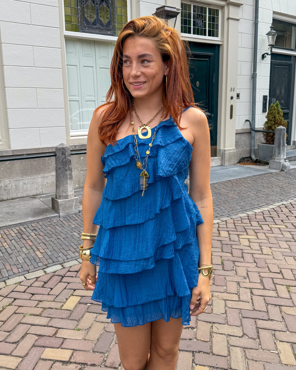 Vestito a Balze Asimmetrico - Abito Corto Monospalla Estivo-Blu Scuro-S-Modaso