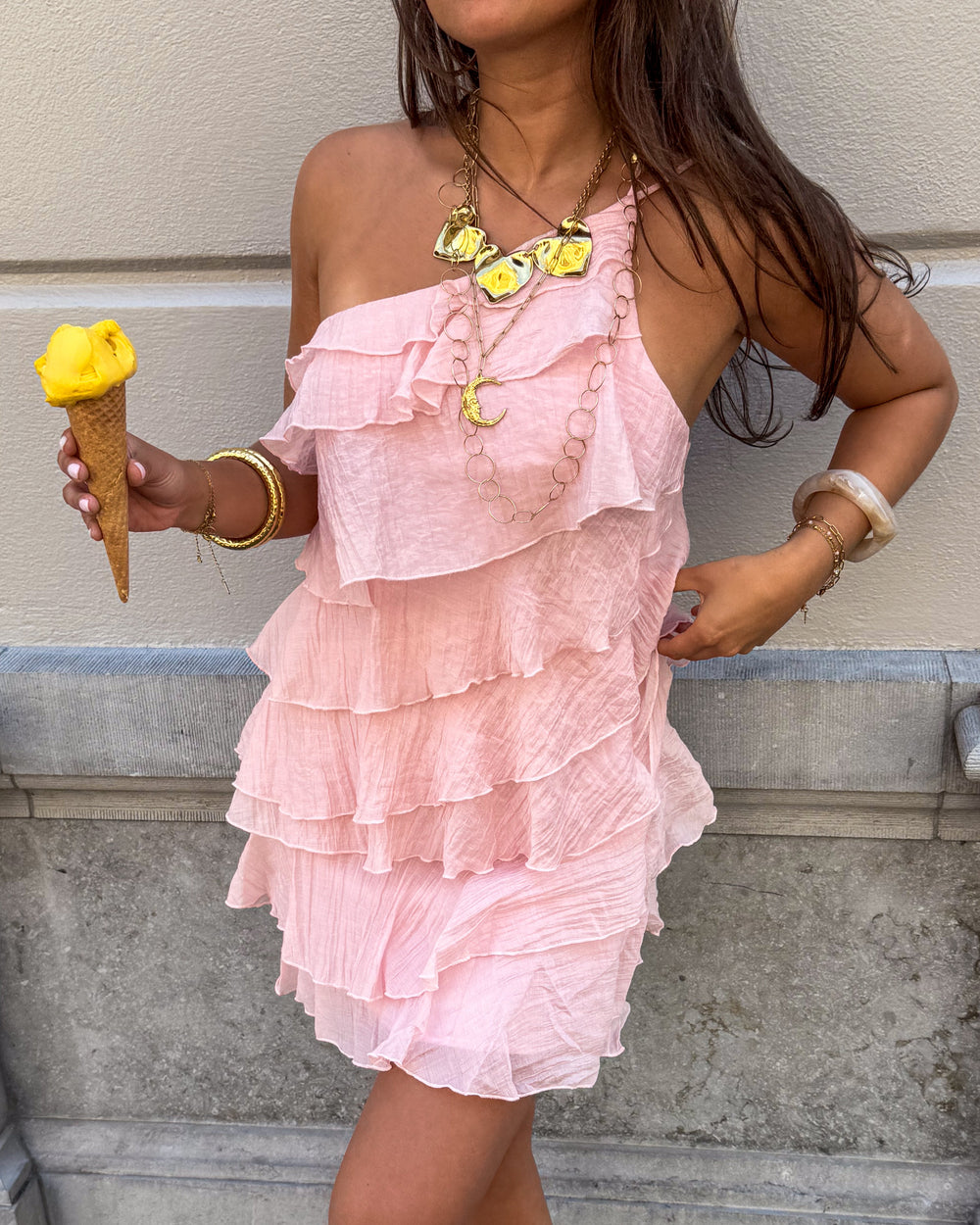 Vestito a Balze Asimmetrico - Abito Corto Monospalla Estivo-Rosa-S-Modaso
