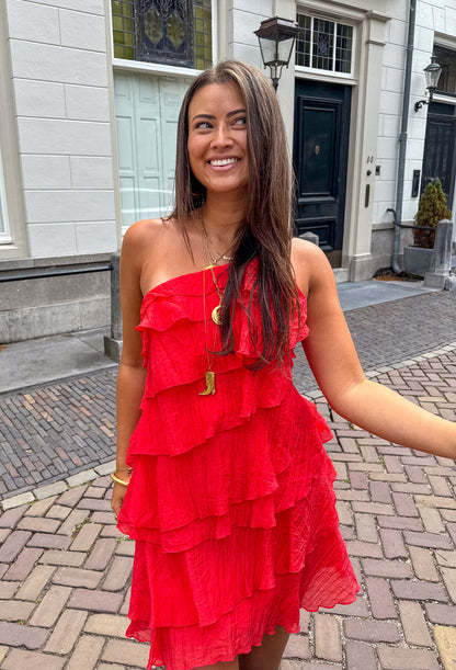 Vestito a Balze Asimmetrico - Abito Corto Monospalla Estivo-Rosso-S-Modaso