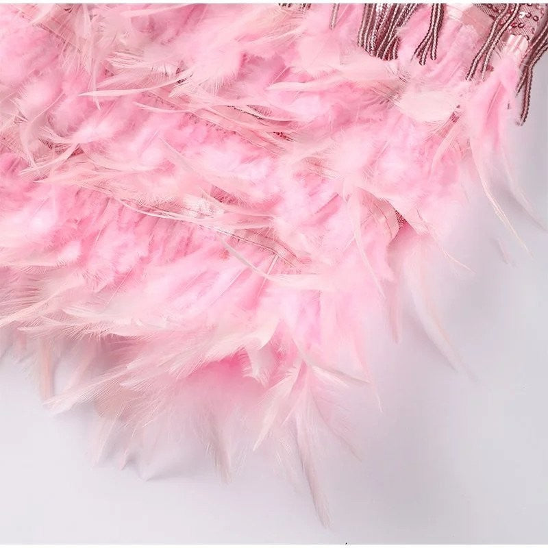 Vestito con Piume, Abito Corto con Frange, Abito da Festa-Modaso