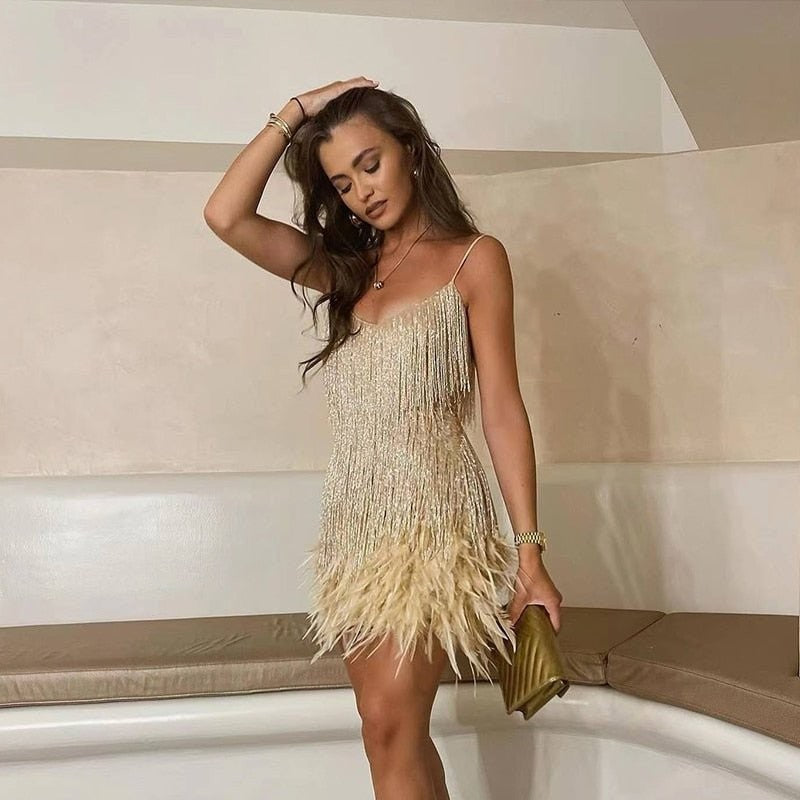 Vestito con Piume, Abito Corto con Frange, Abito da Festa-Modaso