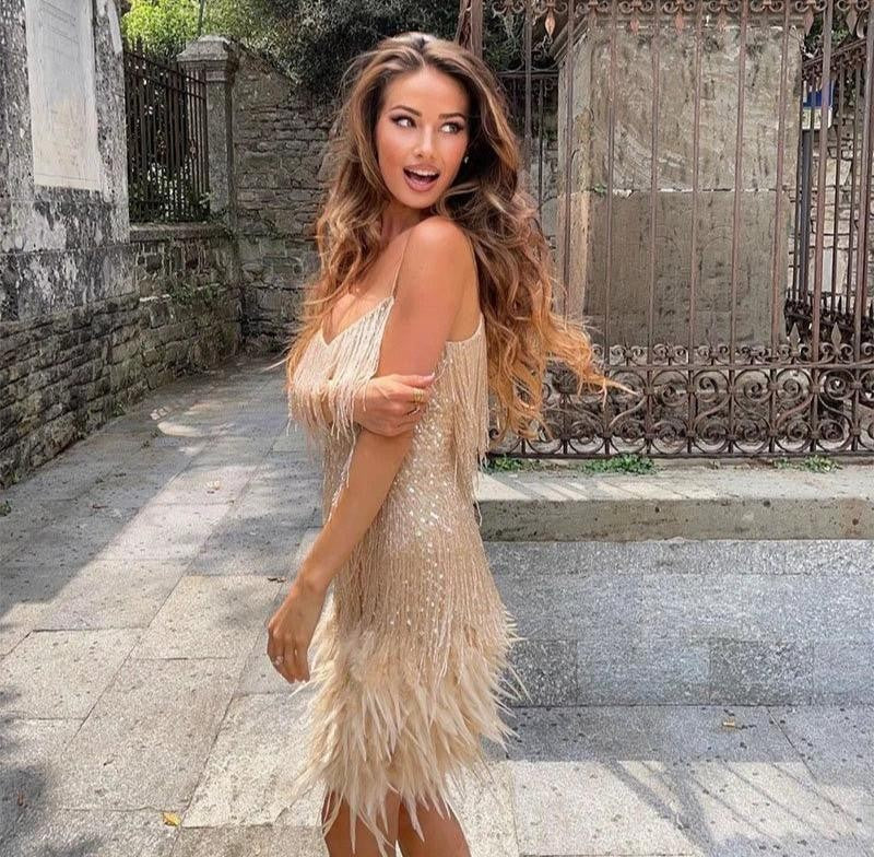 Vestito con Piume, Abito Corto con Frange, Abito da Festa-Modaso