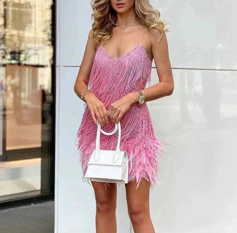 Vestito con Piume, Abito Corto con Frange, Abito da Festa-Modaso