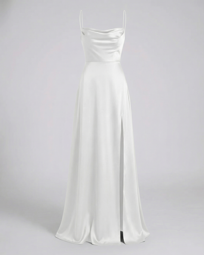 Vestito da Sera in Raso - Abito Lungo con Spacco-Bianco-S-Modaso