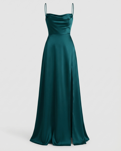 Vestito da Sera in Raso - Abito Lungo con Spacco-Blu-S-Modaso