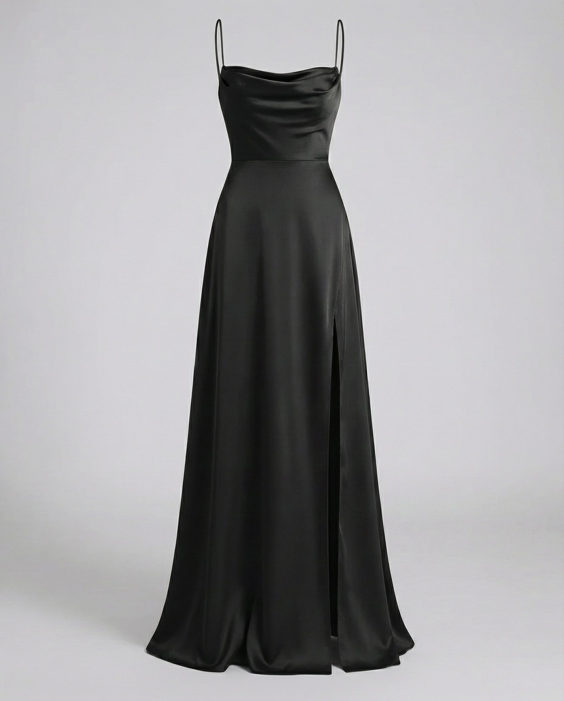 Vestito da Sera in Raso - Abito Lungo con Spacco-Nero-S-Modaso