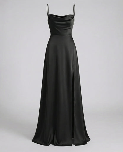 Vestito da Sera in Raso - Abito Lungo con Spacco-Nero-S-Modaso