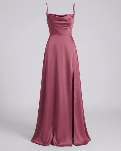 Vestito da Sera in Raso - Abito Lungo con Spacco-Rosa-S-Modaso