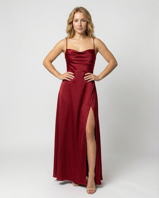 Vestito da Sera in Raso - Abito Lungo con Spacco-Rosso-S-Modaso