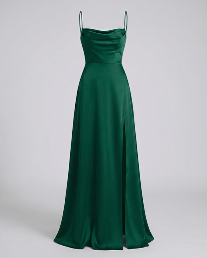 Vestito da Sera in Raso - Abito Lungo con Spacco-Verde-S-Modaso