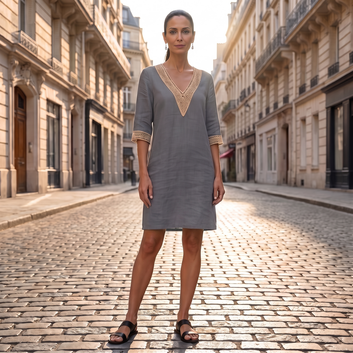 Vestito di Lino, Midi Estivo, Scollo a V-Grigio-S-Modaso