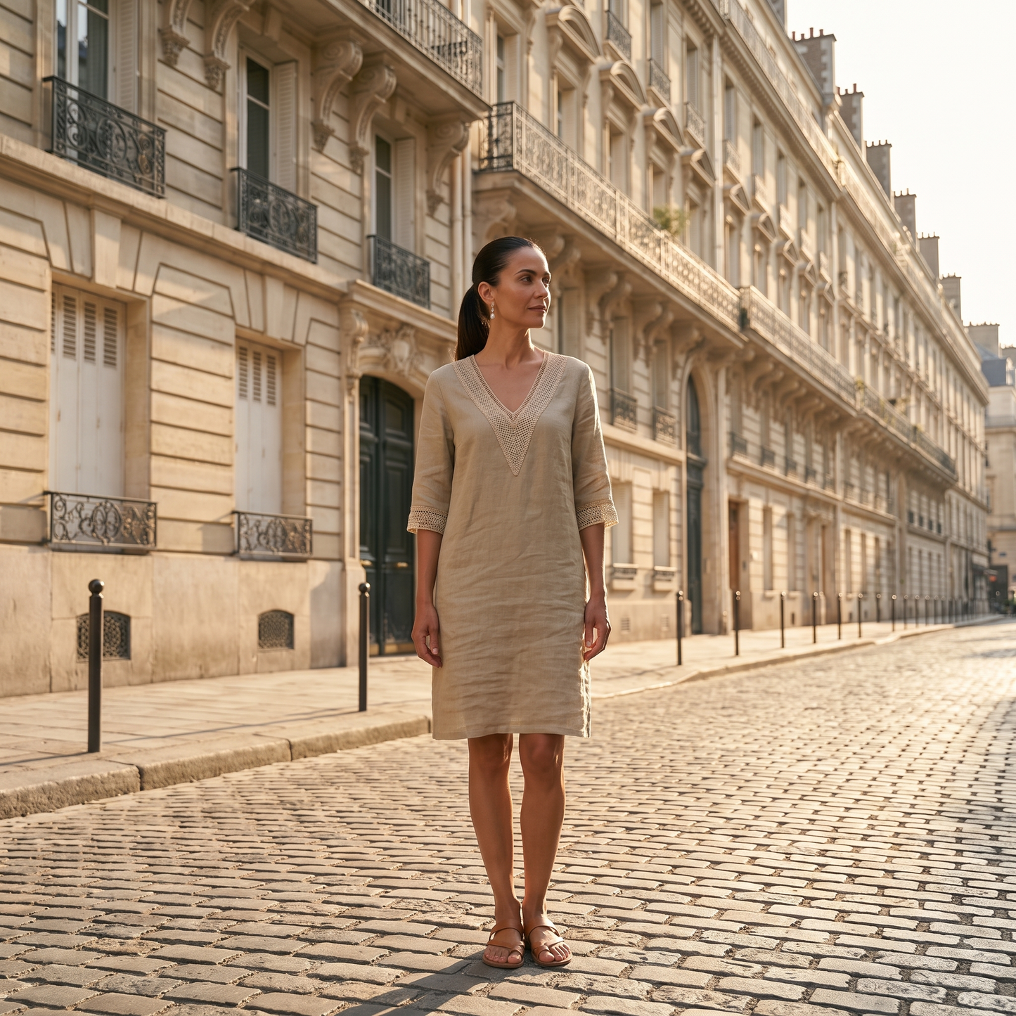 Vestito di Lino, Midi Estivo, Scollo a V-Khaki-S-Modaso