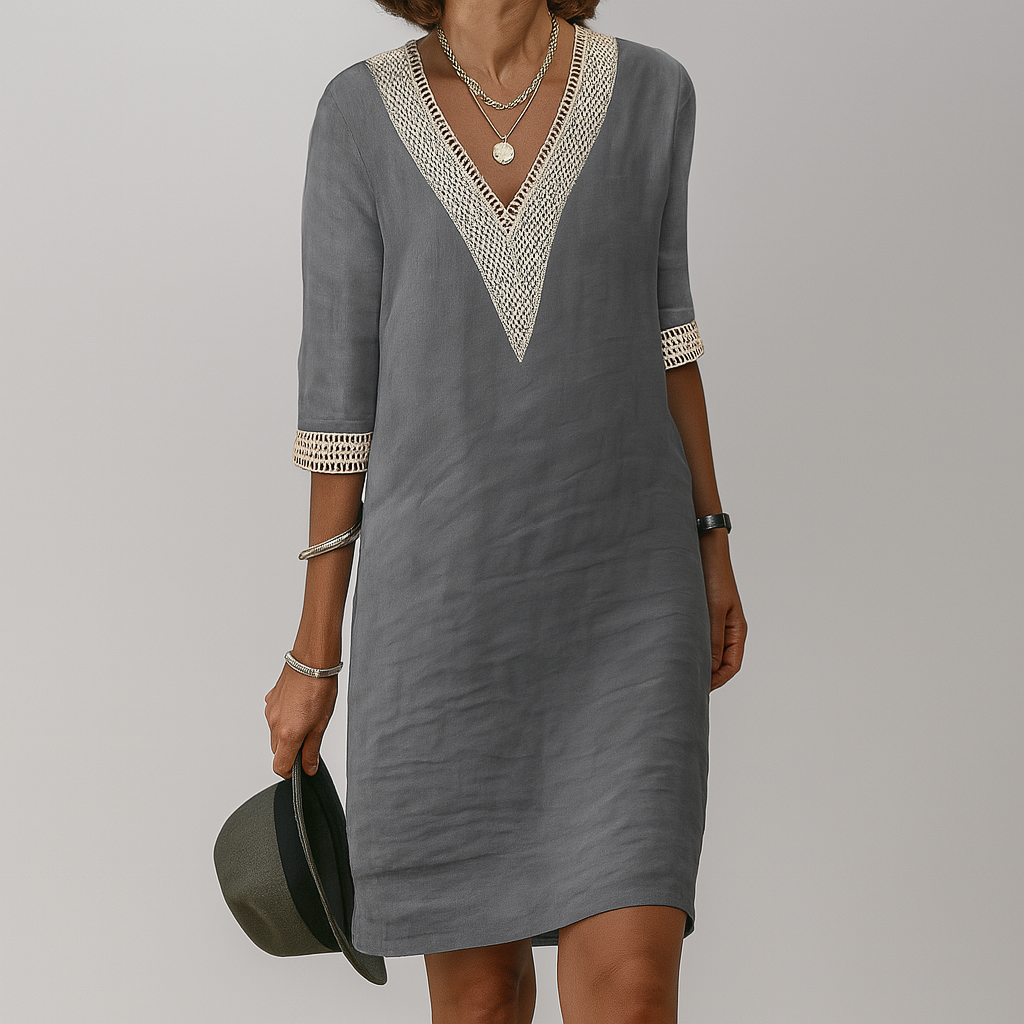 Vestito di Lino, Midi Estivo, Scollo a V-Modaso