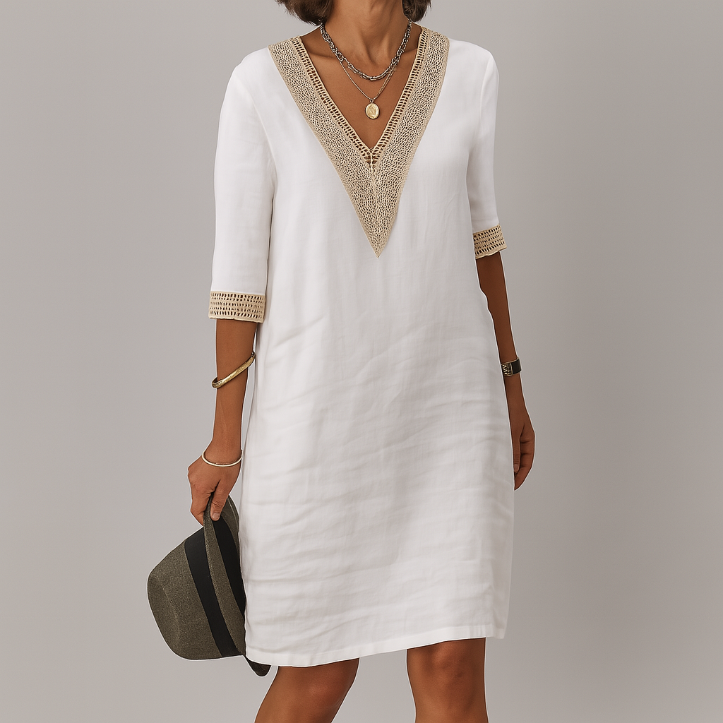Vestito di Lino, Midi Estivo, Scollo a V-Modaso