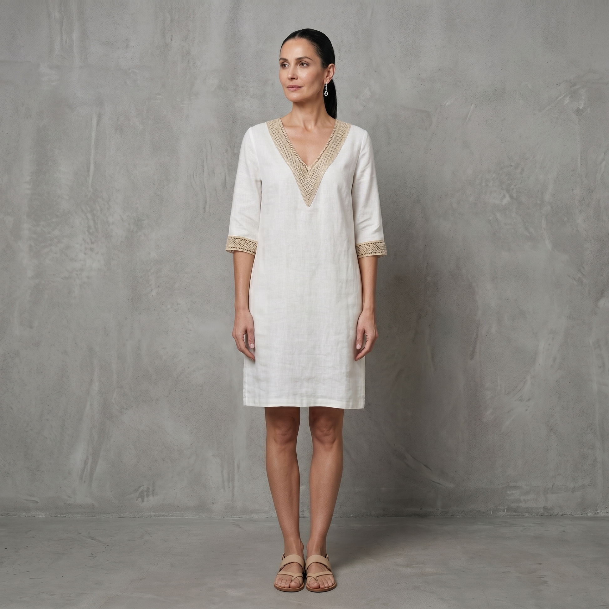 Vestito di Lino, Midi Estivo, Scollo a V-Modaso