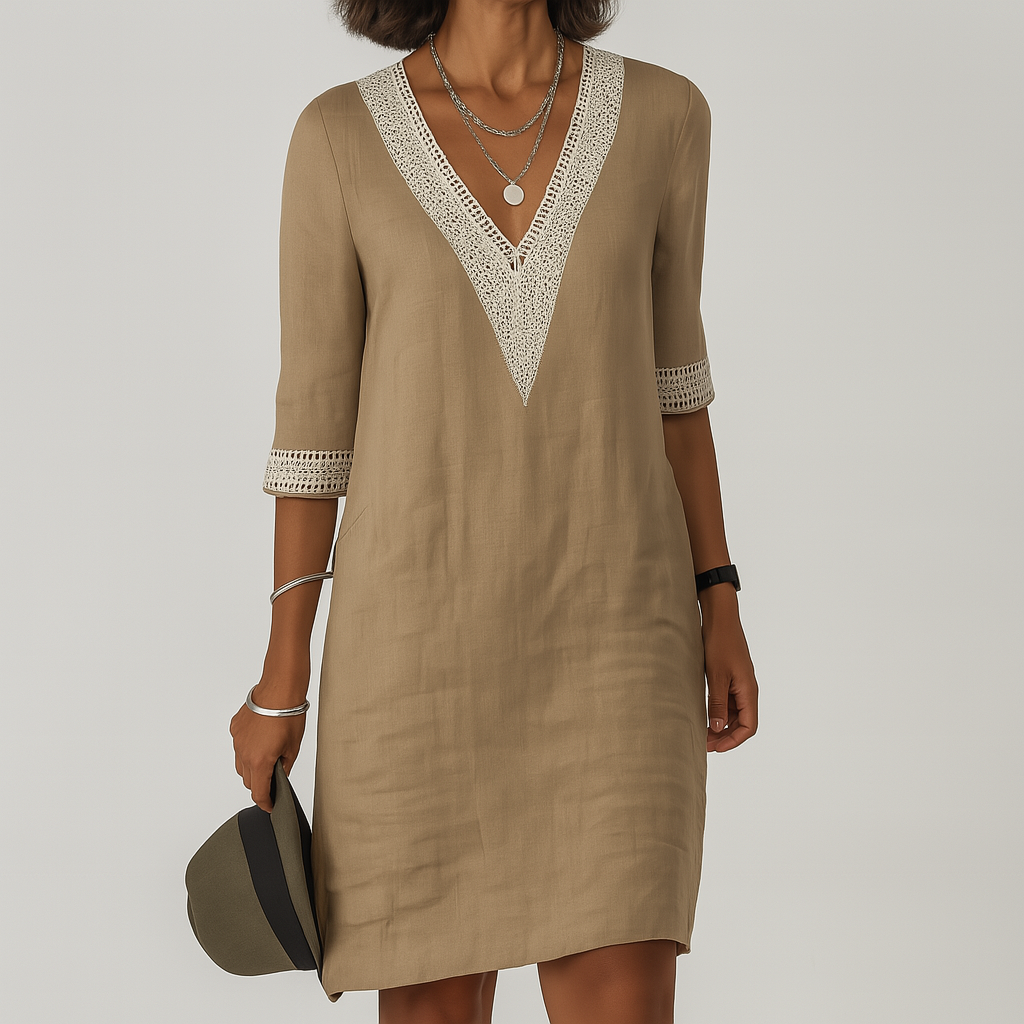 Vestito di Lino, Midi Estivo, Scollo a V-Modaso