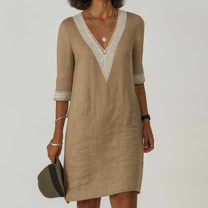 Vestito di Lino, Midi Estivo, Scollo a V-Modaso