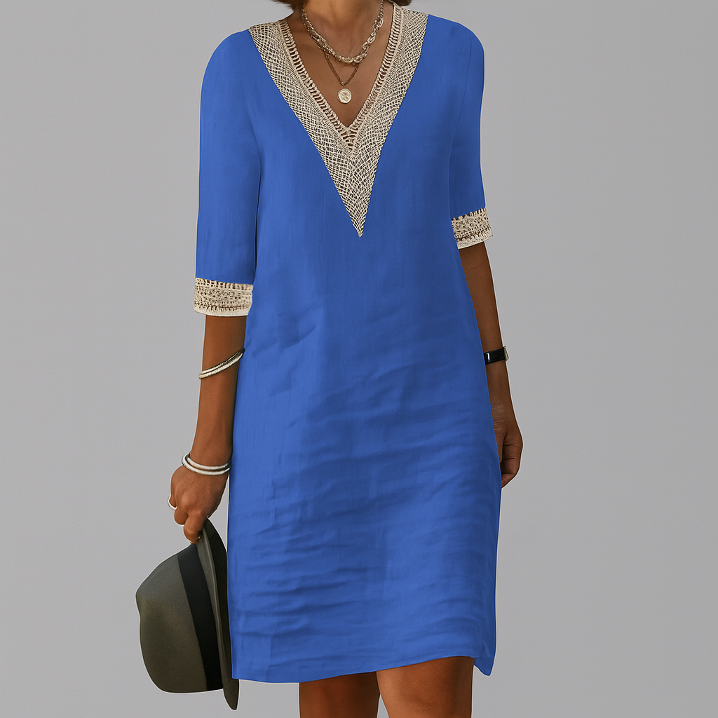 Vestito di Lino, Midi Estivo, Scollo a V-Modaso