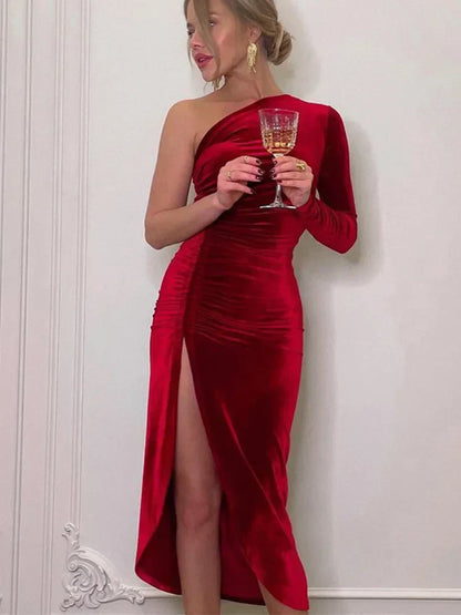 Vestito di Velluto - Una manica - Spacco - Maxi abito da sera - Vestito elegante-Rosso-S-Modasso
