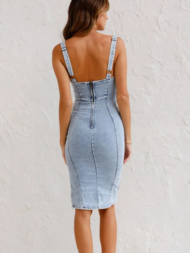 Vestito in denim - Vestito in denim da donna senza maniche al ginocchio con taglio Bodycon-Modasso