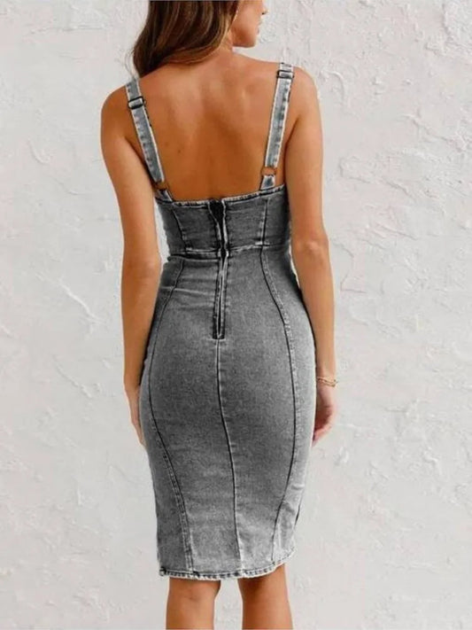 Vestito in denim - Vestito in denim da donna senza maniche al ginocchio con taglio Bodycon-Modasso