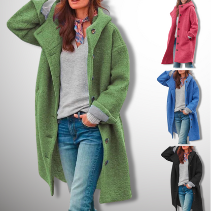 Wool Coat - Women's Single Breasted Hooded Long Wool Winter Coat-Modasso
