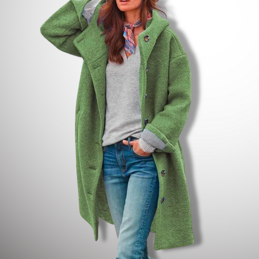 Wool Coat - Women's Single Breasted Hooded Long Wool Winter Coat-Verde-S-Modasso