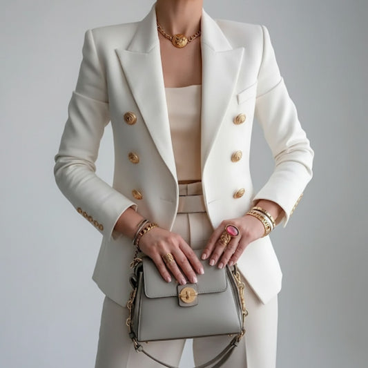 Blazer Elegante Donna, Doppiopetto, Bottoni Dorati, Revers a Punta-Modaso