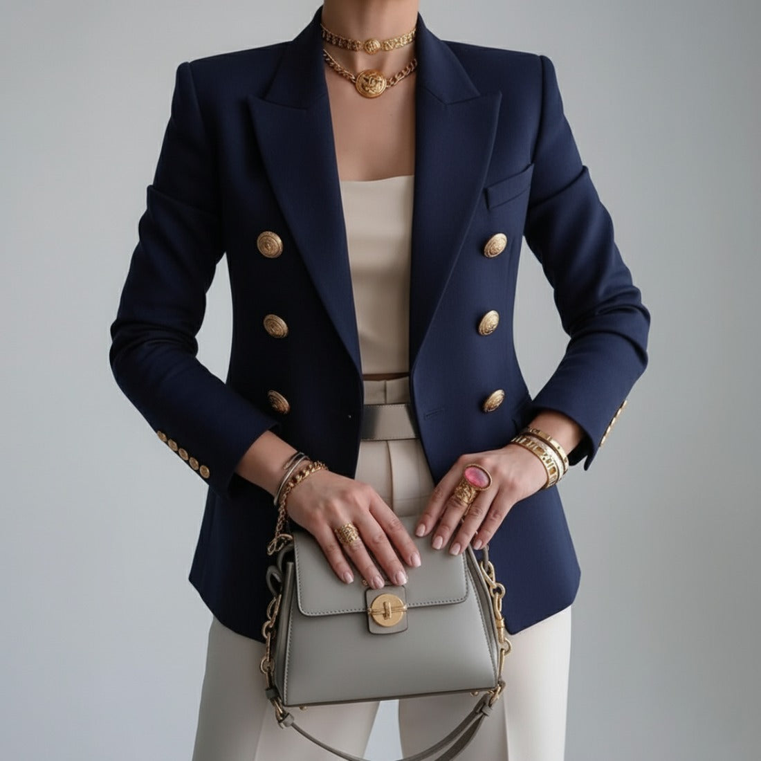 Blazer Elegante Donna, Doppiopetto, Bottoni Dorati, Revers a Punta-Modaso