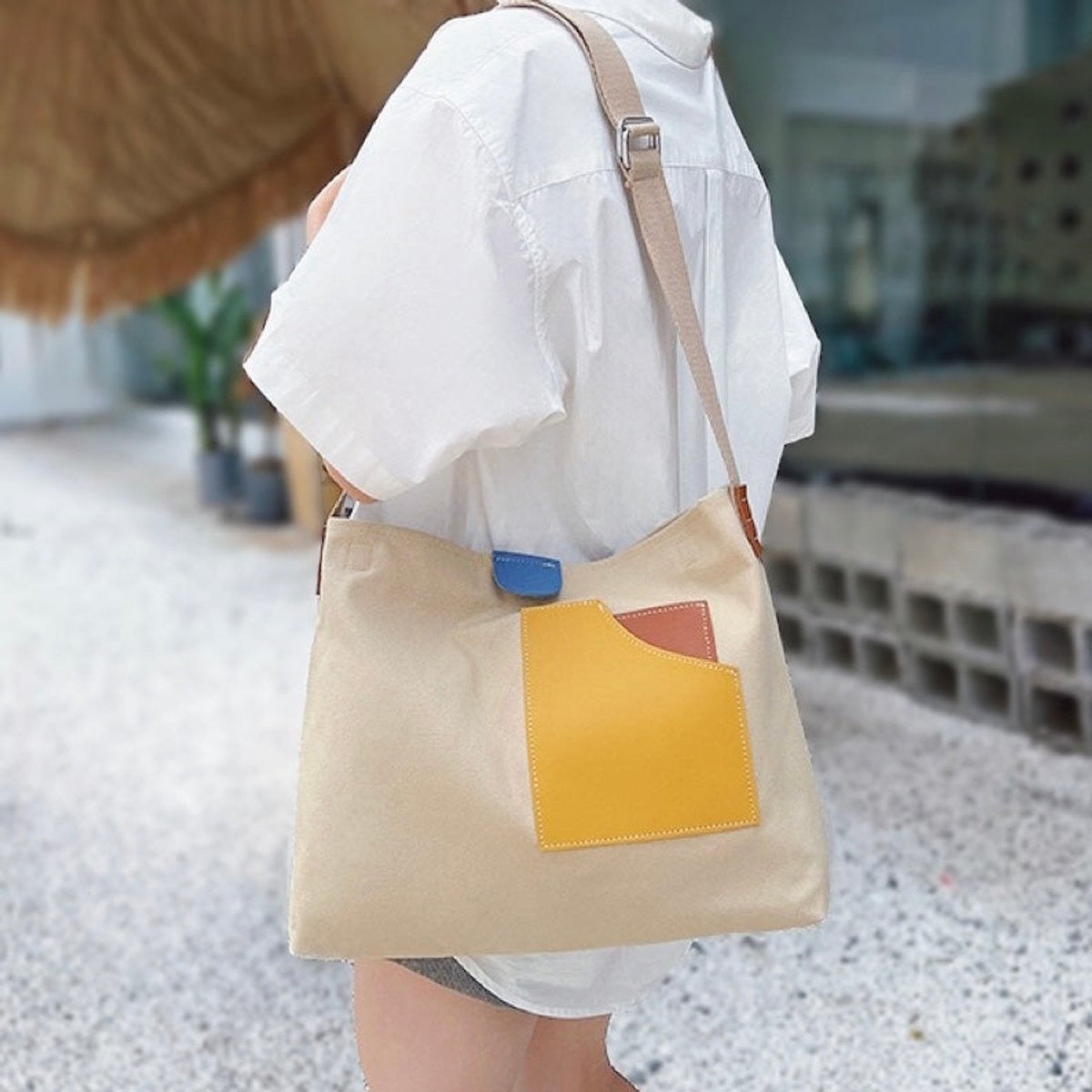 Borsa Capiente Donna, Tela, Tasca in Ecopelle, Tracolla Regolabile-Modaso