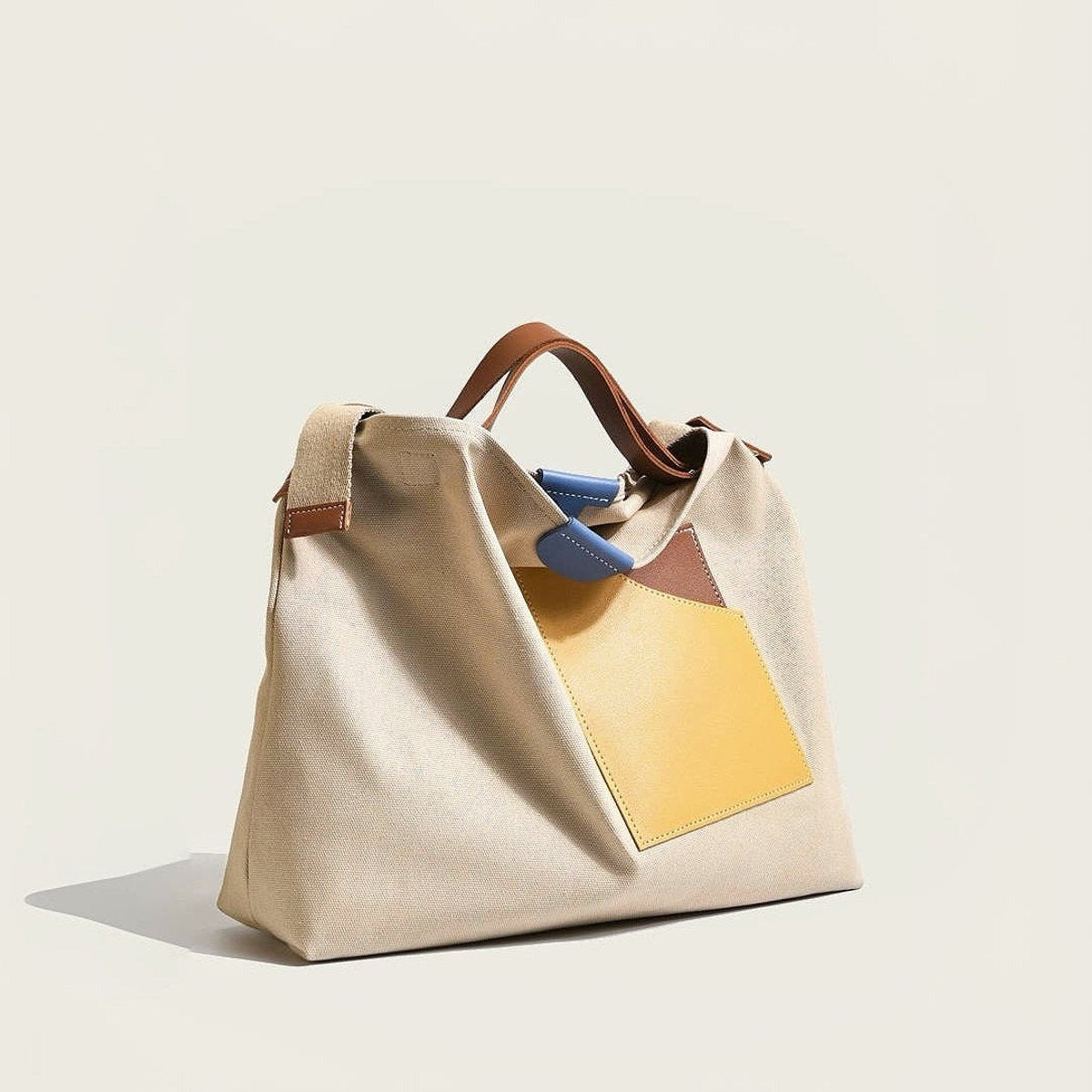 Borsa Capiente Donna, Tela, Tasca in Ecopelle, Tracolla Regolabile-Modaso