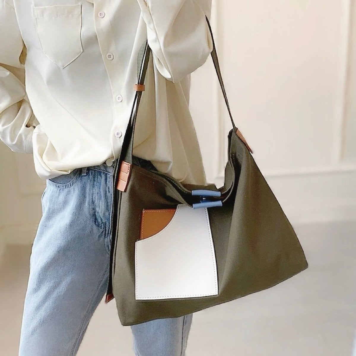 Borsa Capiente Donna, Tela, Tasca in Ecopelle, Tracolla Regolabile-Modaso