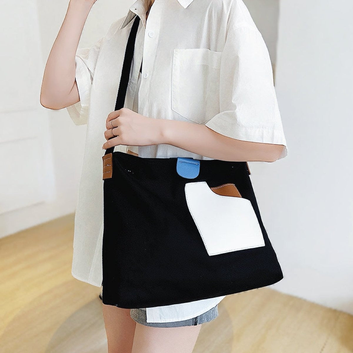 Borsa Capiente Donna, Tela, Tasca in Ecopelle, Tracolla Regolabile-Modaso