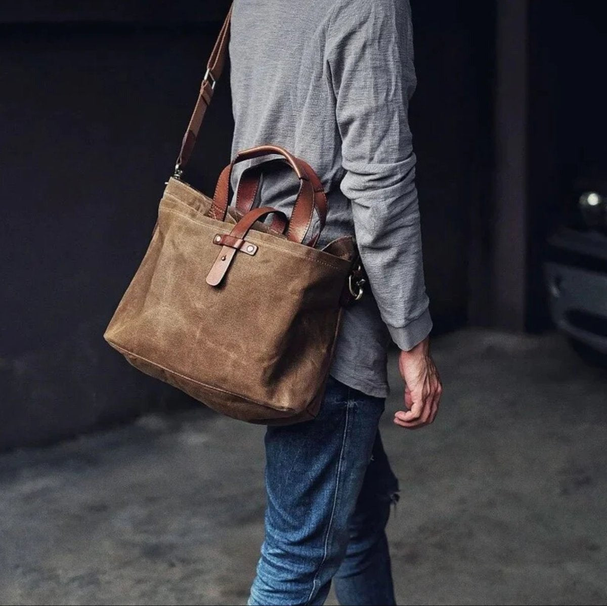 Borsa da Lavoro, Tela Cerata, Pelle, Tracolla Removibile-Modaso