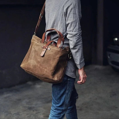 Borsa da Lavoro, Tela Cerata, Pelle, Tracolla Removibile-Modaso